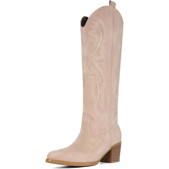 Shoes - Women's Beige UBWDU Suede Cowboy Knee High Boots Pointed Toe Heel Embroidered